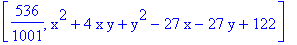 [536/1001, x^2+4*x*y+y^2-27*x-27*y+122]